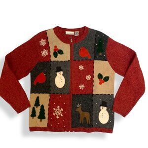 Women's Christmas Red Cardigan Sweater Tree Bird Snowman Grannycore Festive Ugly